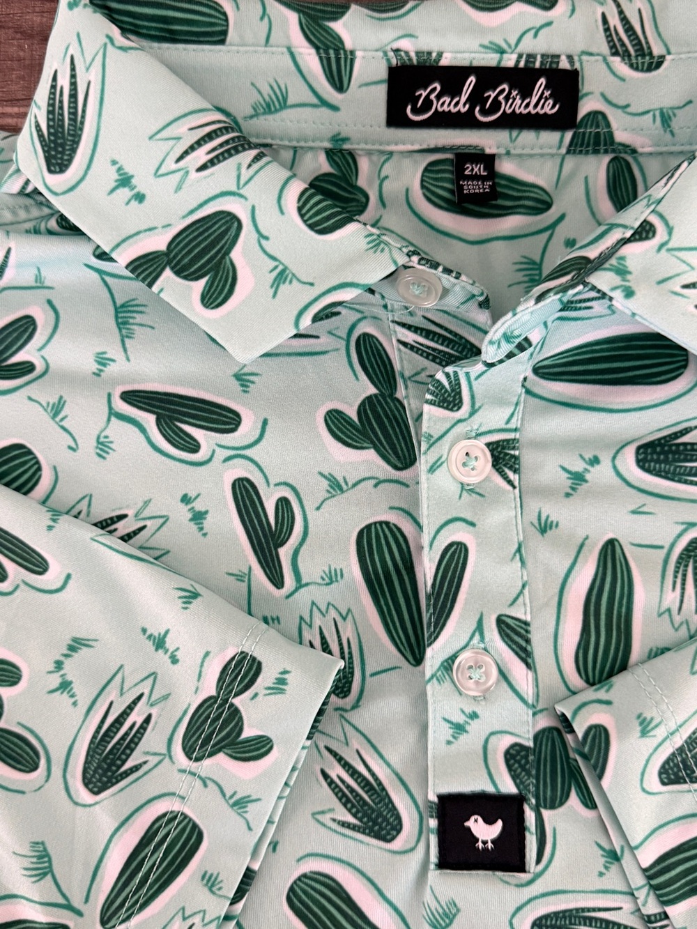 Bad Birdie Men’s “Tony Saguaro” Light Green Cactus Print Golf Polo - XXL